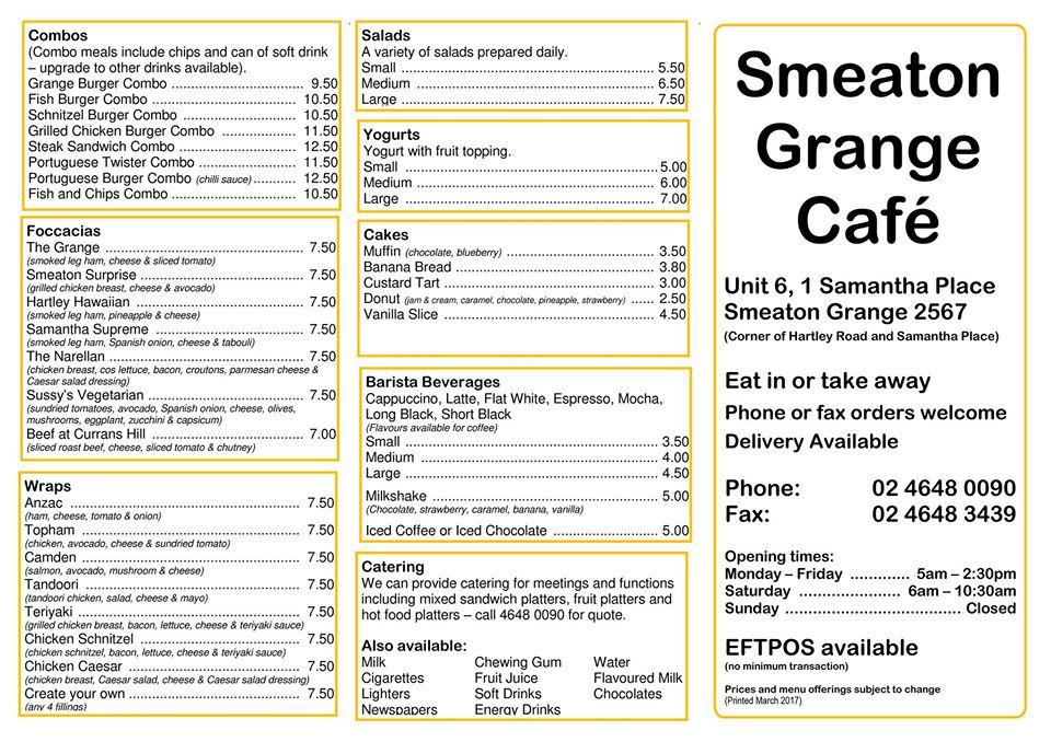 Menu at Smeaton Grange Cafe., Smeaton Grange