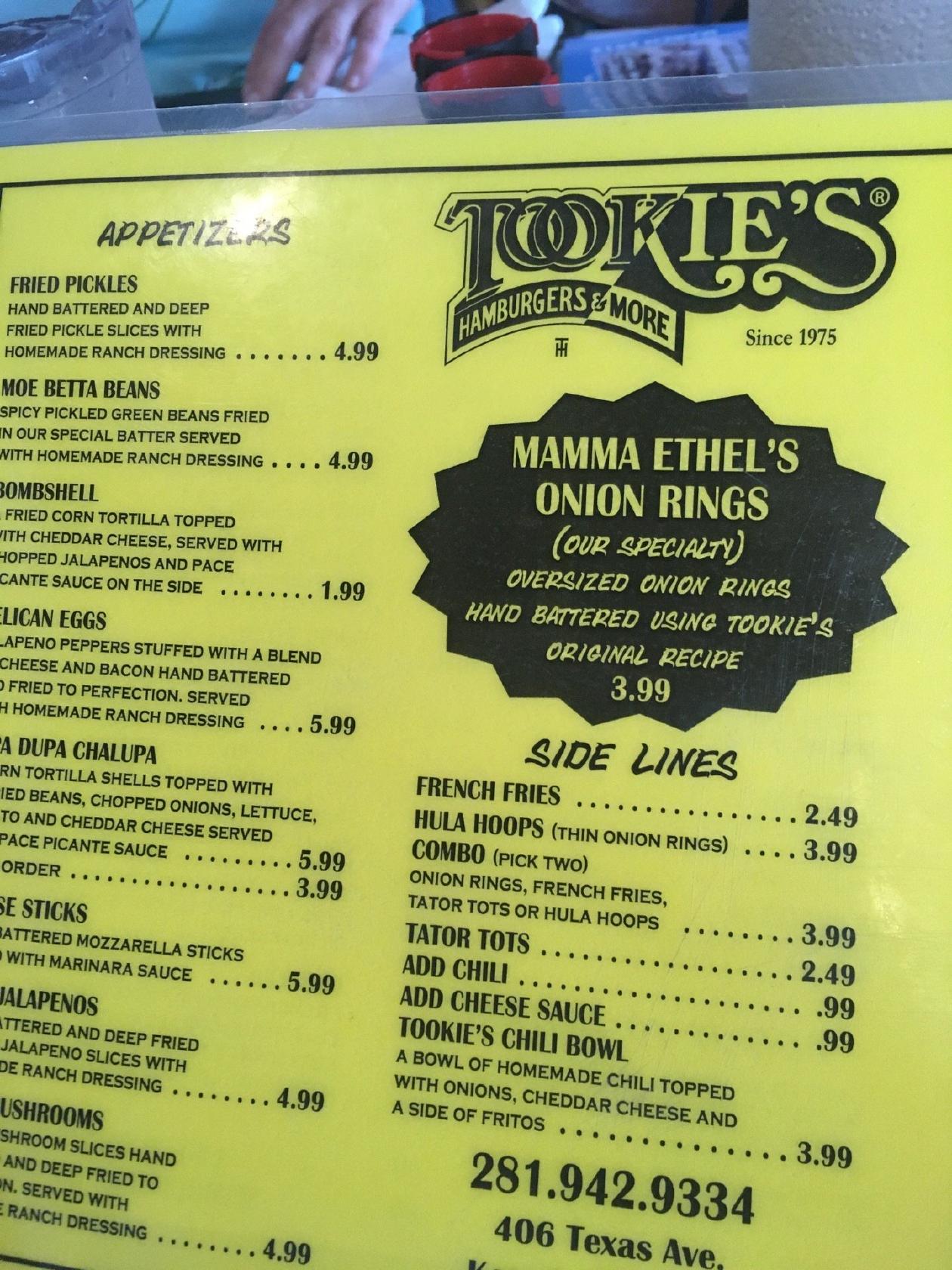 Menu at Tookie's restaurant, Kemah, 406 Texas Ave