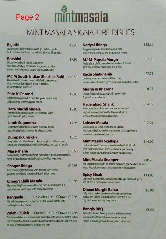 Menu at Mint Masala restaurant, Neath
