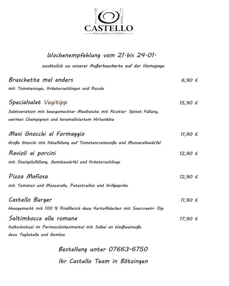 Menu at Castello Restaurant Pizzeria Catering, Bötzingen