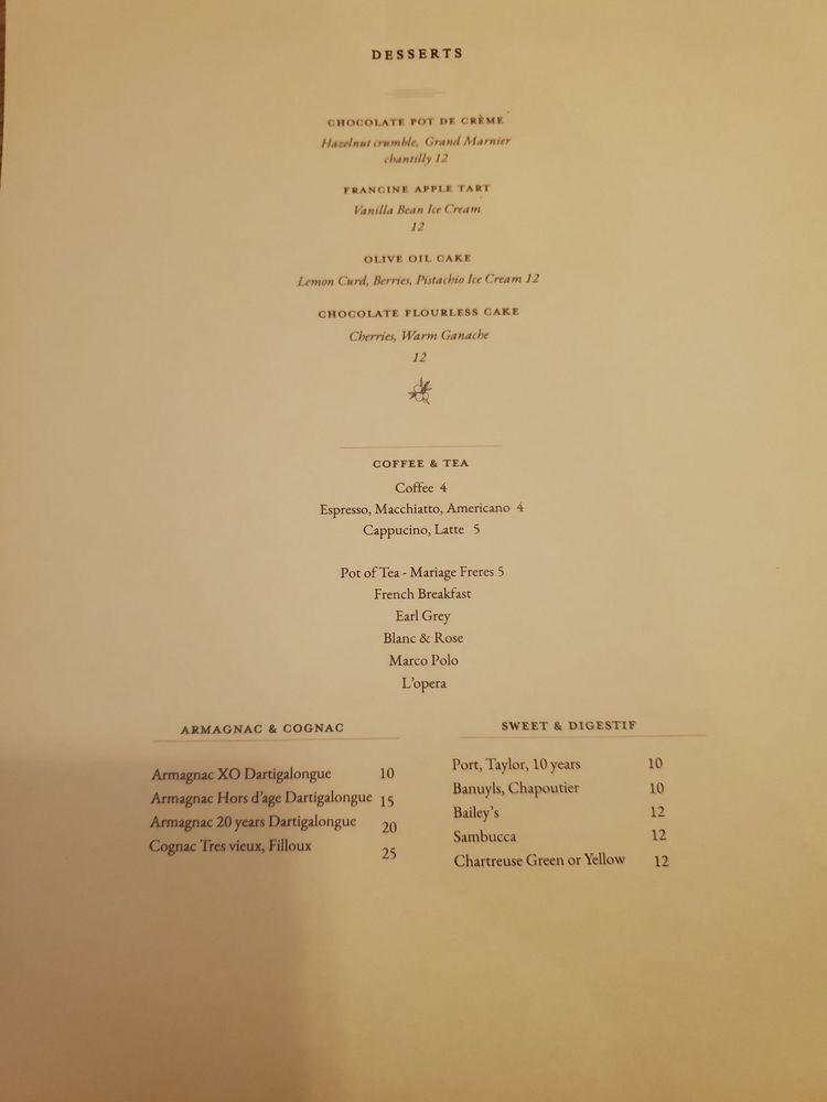 Menu at Francine restaurant, Scottsdale