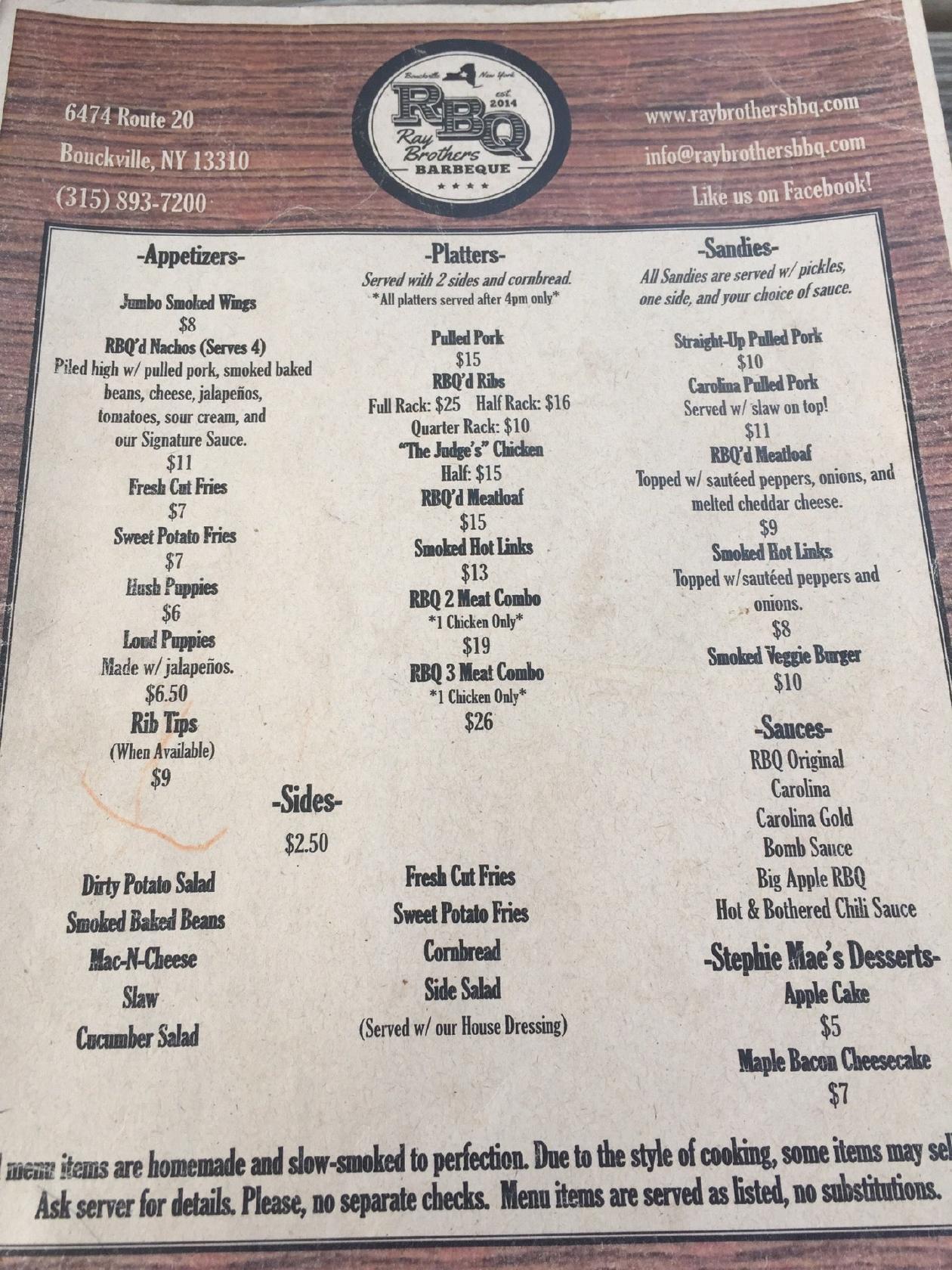 Menu at Ray Brothers BBQ, Bouckville