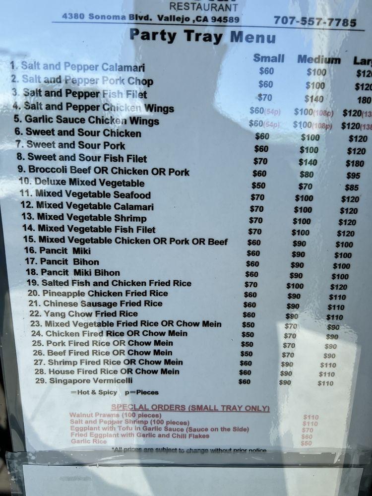 Menu at 3 Star restaurant, Vallejo