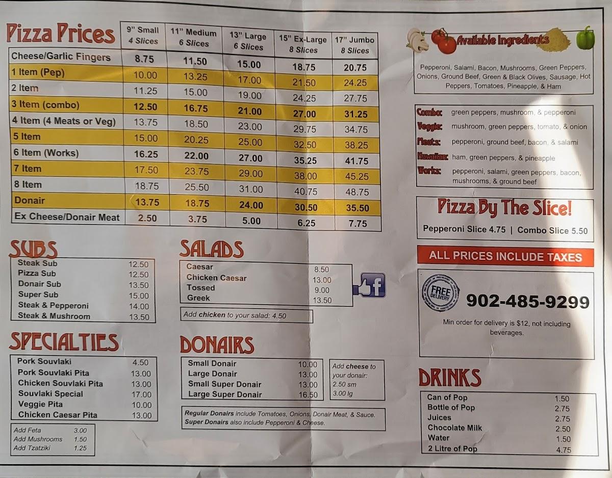 Menu at Acropole Pizza restaurant, Pictou