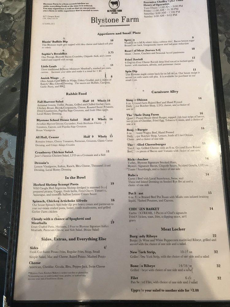 Menu at Blystone Farm restaurant, Canal Winchester