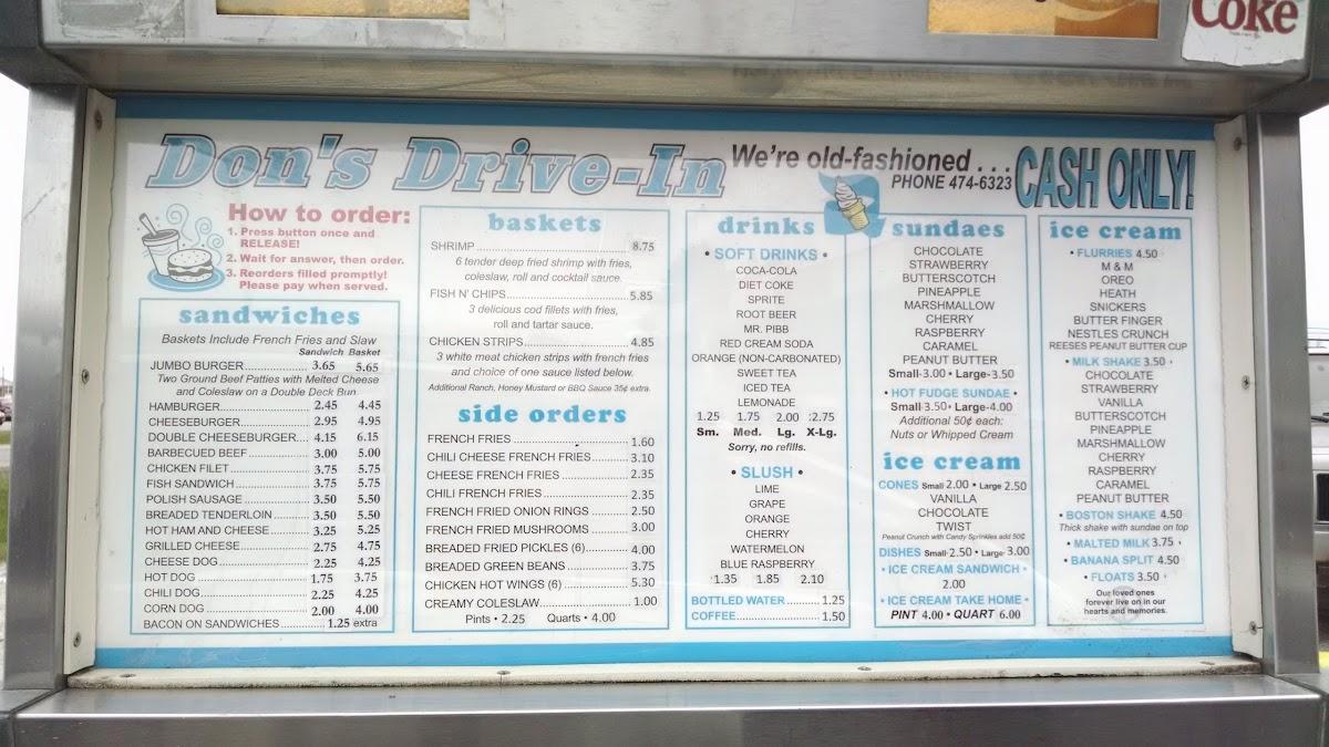 Menu at Don's Drive-In fast food, Kentland