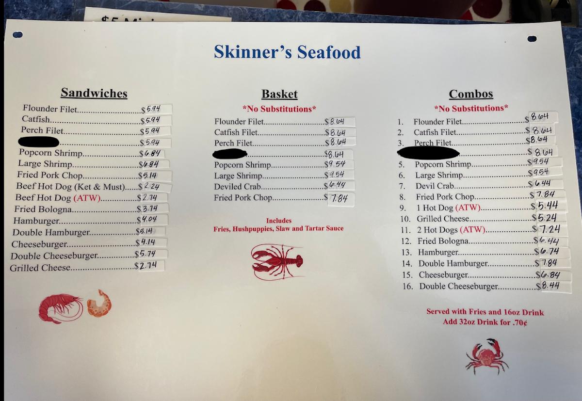Menu at Skinner's Seafood To Go restaurant, Statesville