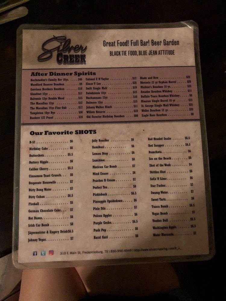 Menu at Silver Creek Beer Garden & Grille pub & bar, Fredericksburg