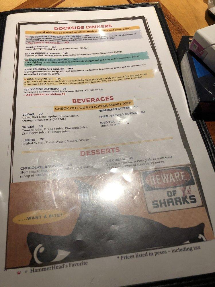 Menu at Hammerhead's pub & bar, San Carlos