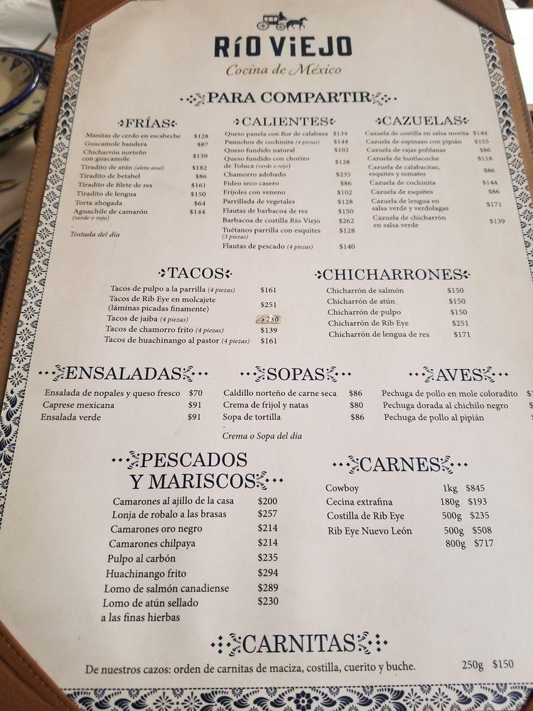 Menu at Río Viejo restaurant, Guadalajara