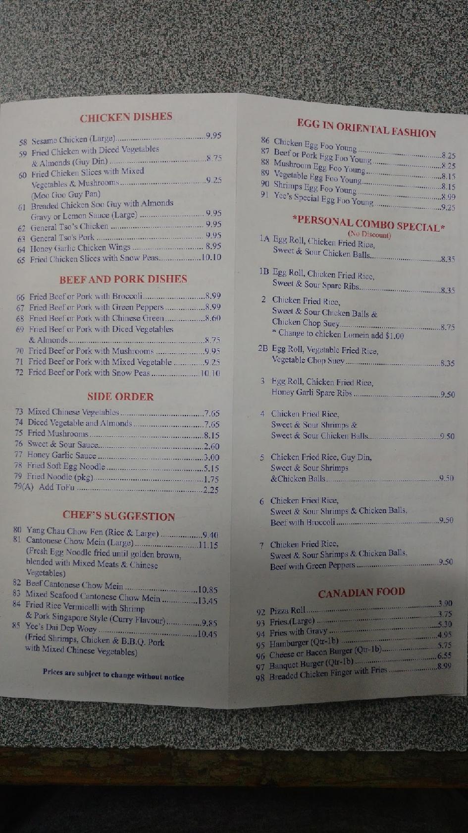Menu at Yees Garden Chinese Foods restaurant, Peterborough