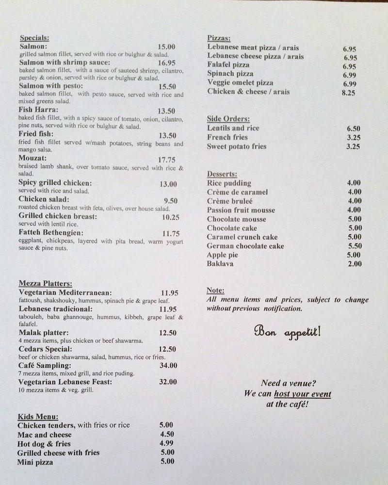 Menu at Cedars of Lebanon restaurant, Greenbelt