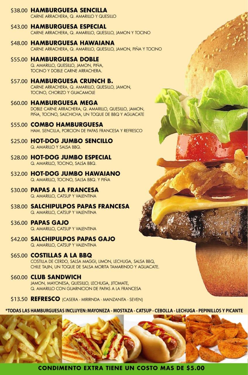 Menu at C.I.A Hamburguesas al Carbón restaurant, Mexico