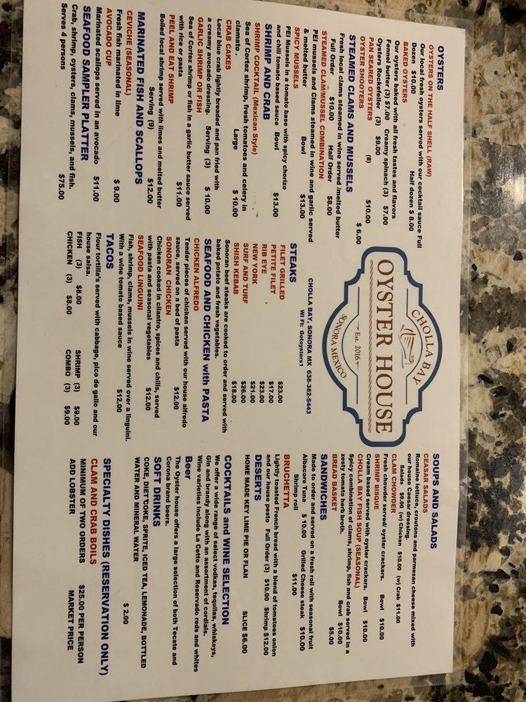Menu at Cholla Bay Oyster House restaurant, Puerto Peñasco, Av. Calamar