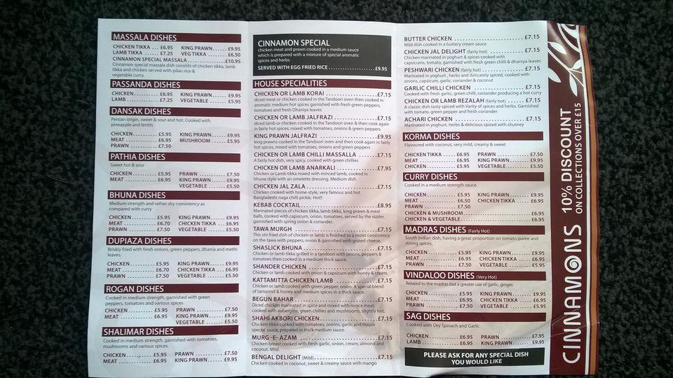 Menu at Cinnamons Indian Restaurant, Coleford