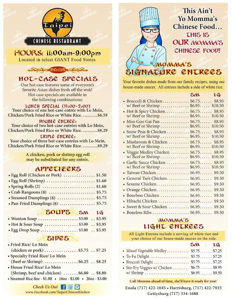 Menu at Taipei Chinese Kitchen (Giant) fast food, Enola