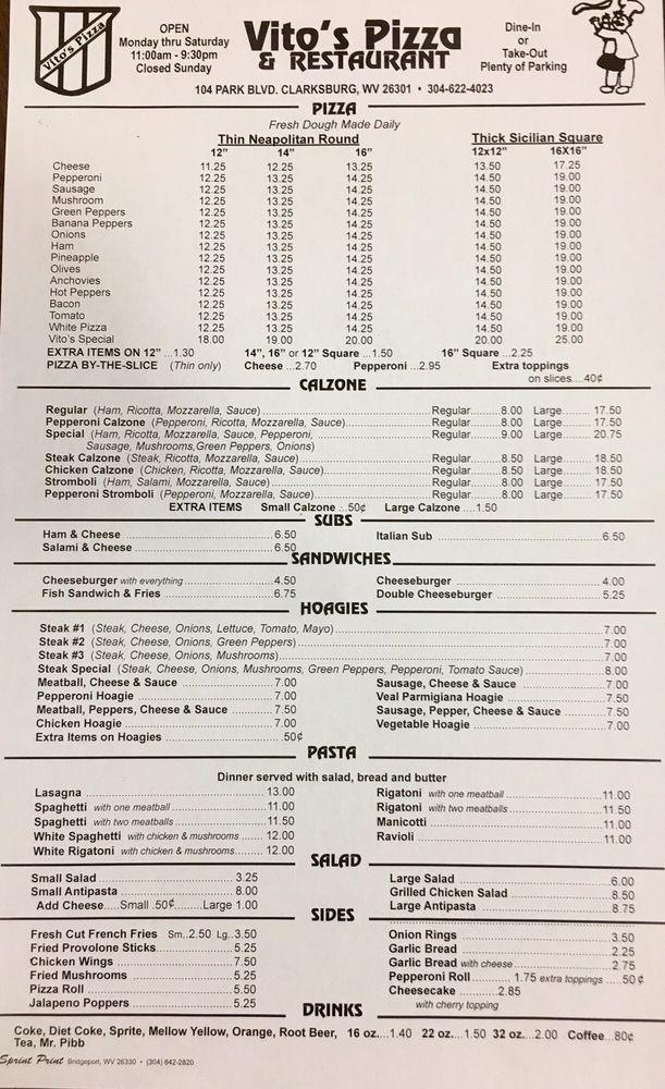 Menu at Vito's Pizza pizzeria, Clarksburg