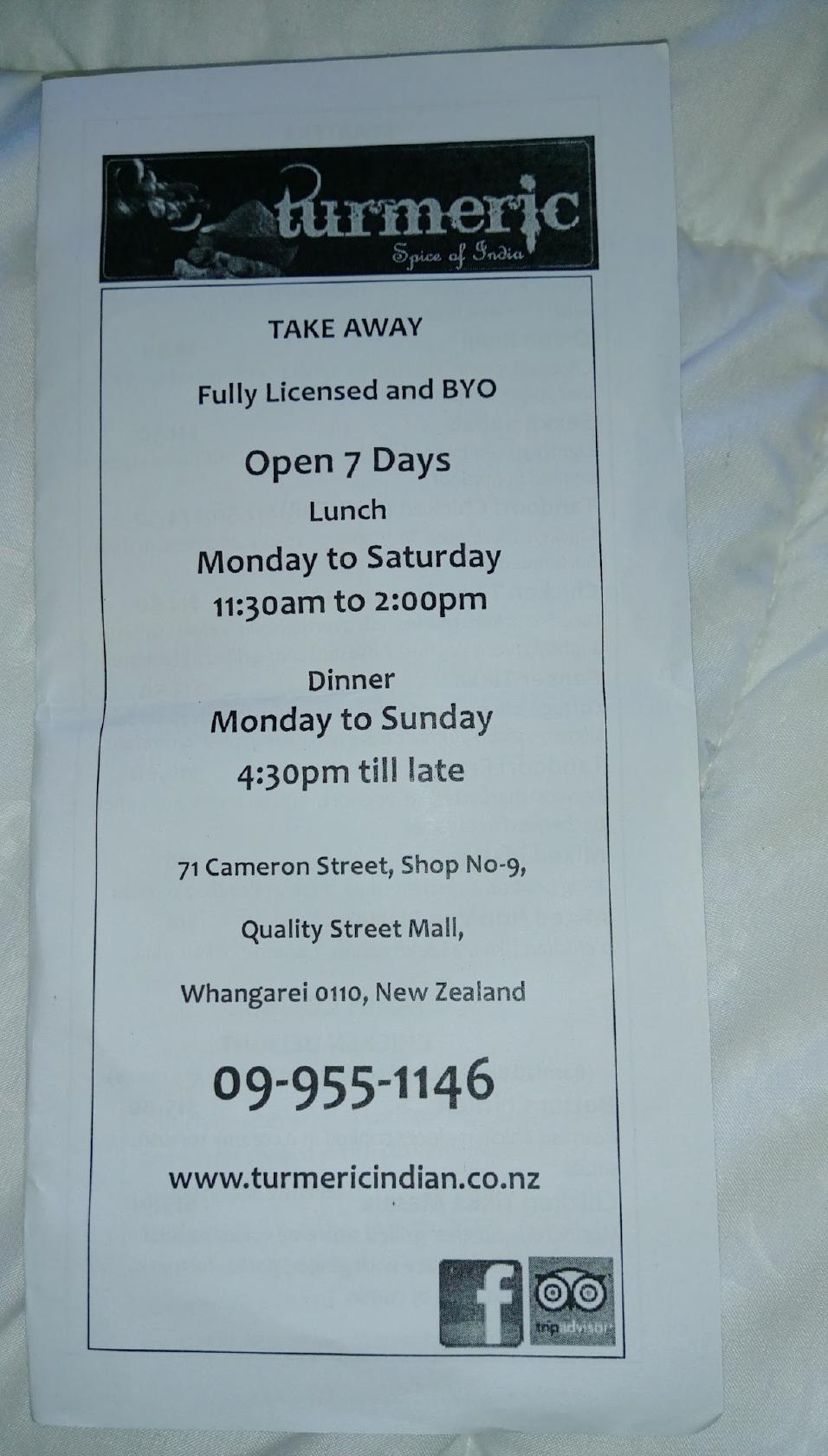 Menu at Turmeric Indian Restaurant, Whangarei