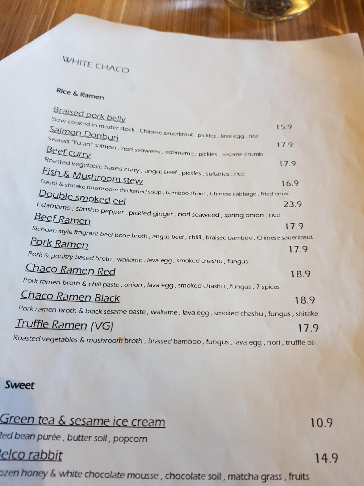 Menu at WHITE CHACO restaurant Braddon