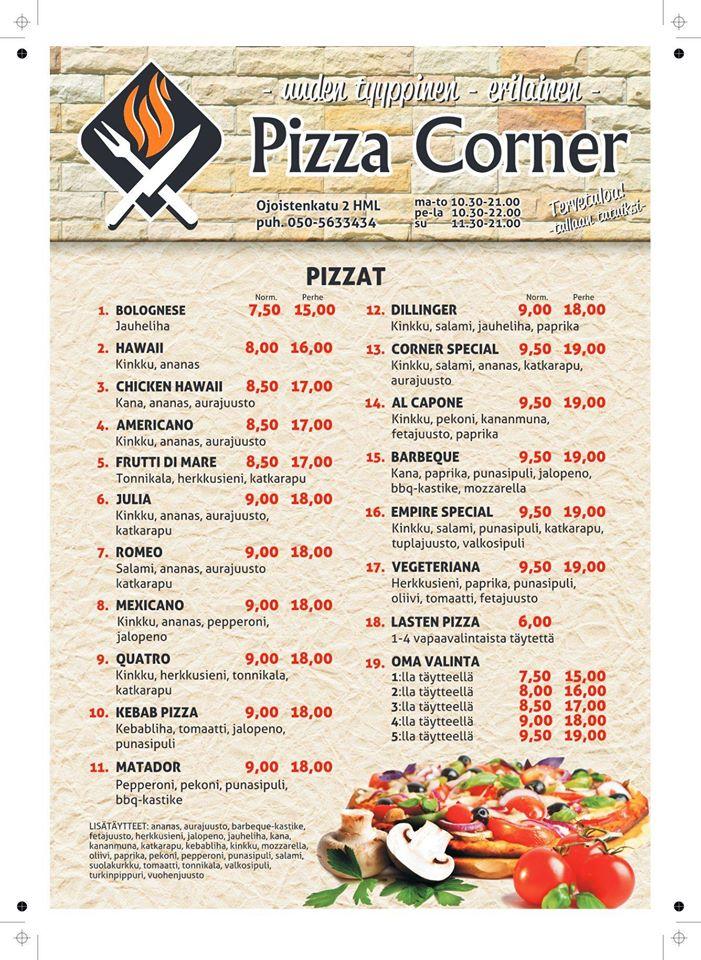 Menu at Pizza Corner restaurant, Hämeenlinna