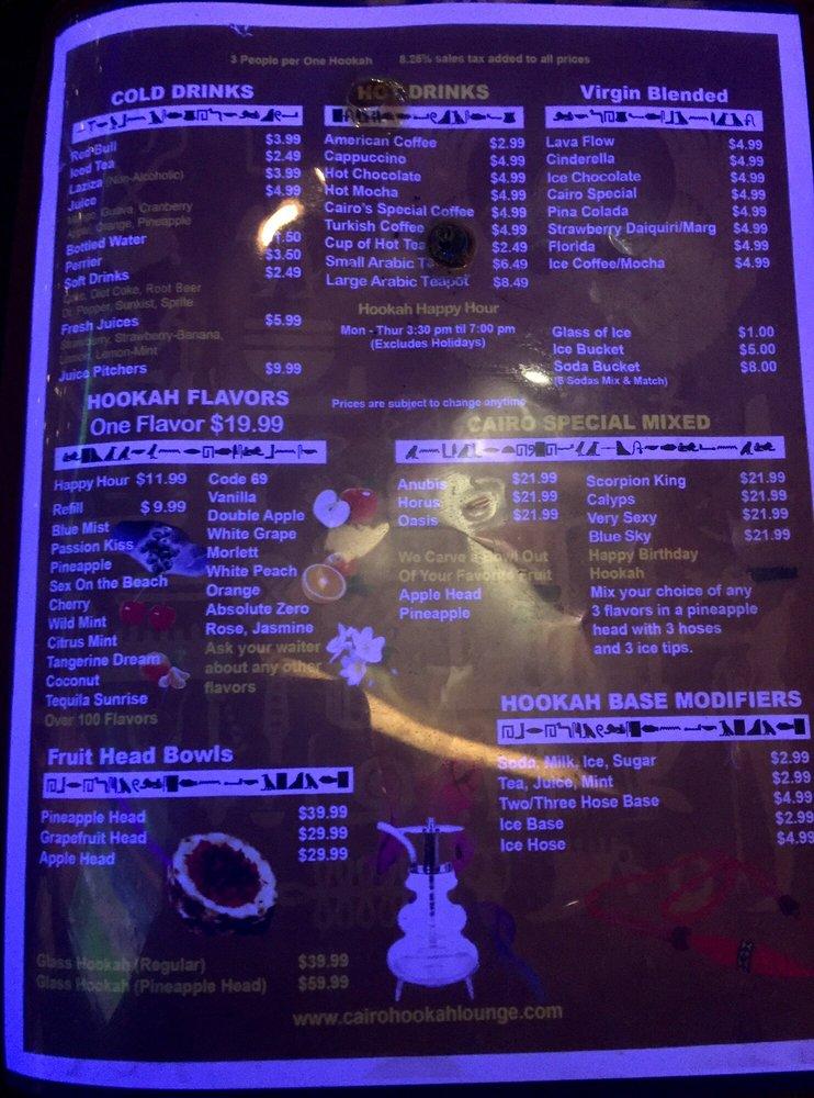 Menu at Cairo Hookah Lounge pub & bar, Richardson, 113