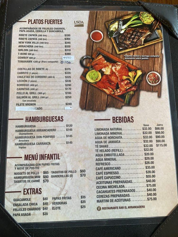 Carta de El Arrancadero Restaurant & Bar, Ciudad Juarez