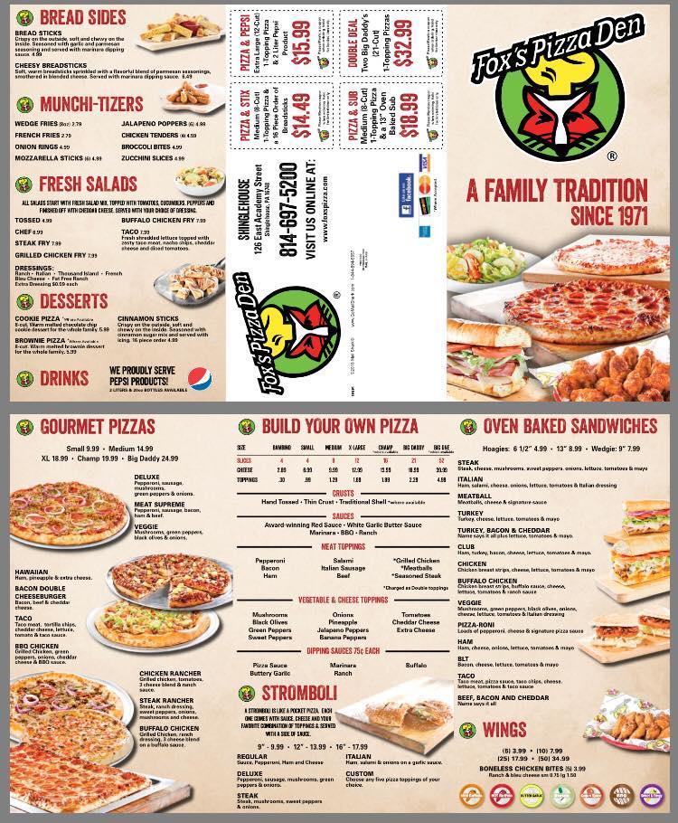 Menu at Fox's Pizza restaurant, Shinglehouse