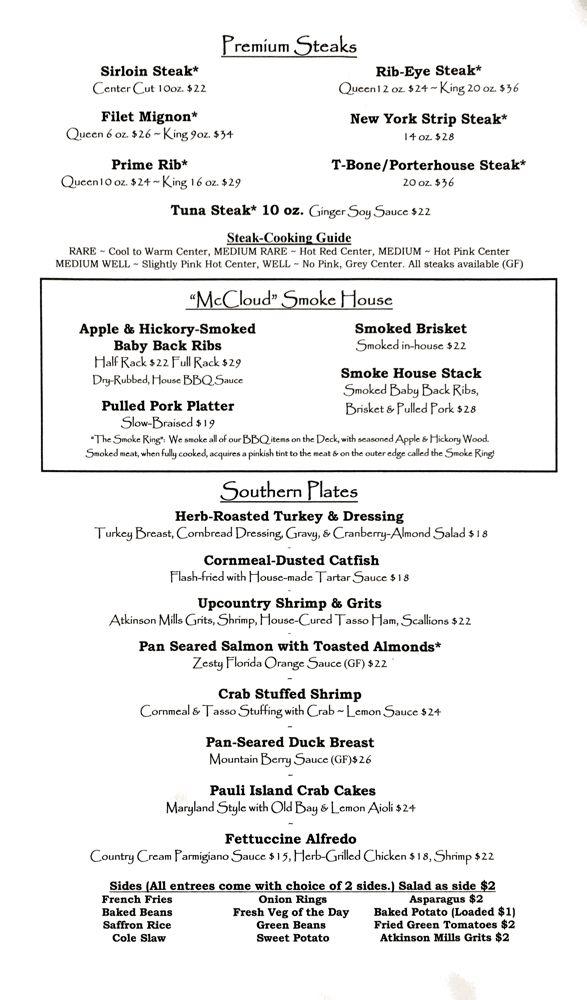 Menu at McCloud Mountain Restaurant, LaFollette, 114 Duff Rd