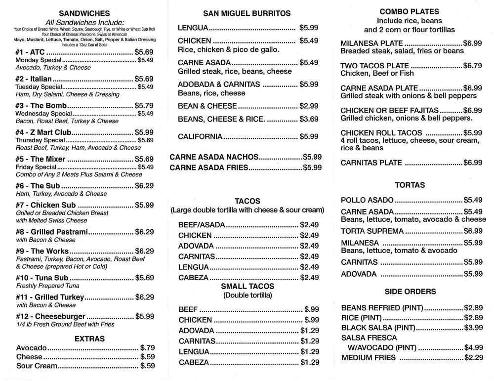 Menu at Z-Market restaurant, Oceanside