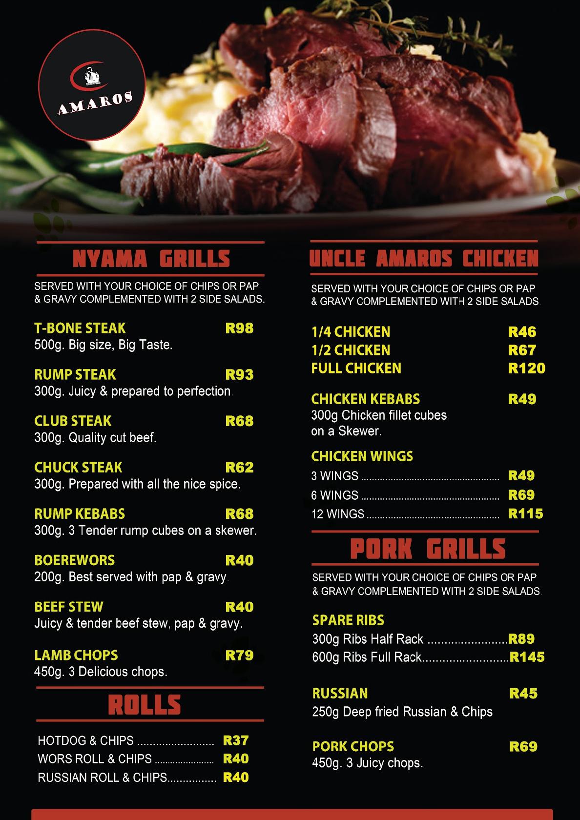 Menu at Amaros Pretoria pub & bar, Pretoria