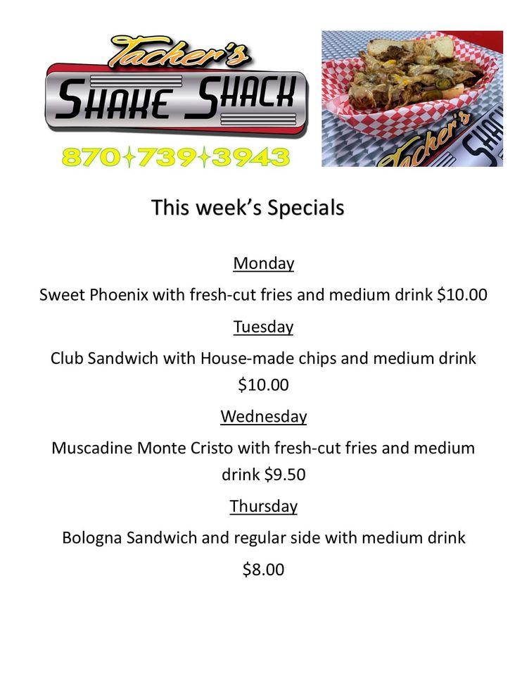 Menu at Tacker's Shake Shack restaurant, Marion