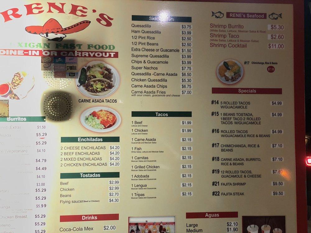 Menu at Rene's Mexican food restaurant, Wichita