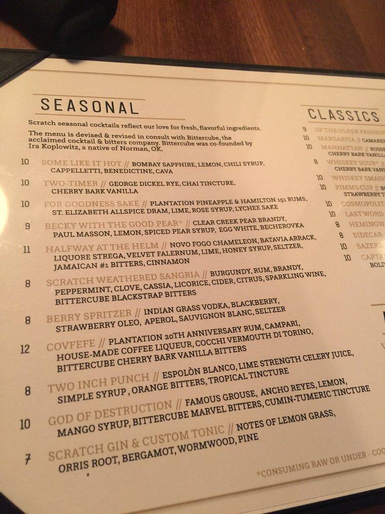 Menu at Scratch Kitchen & Cocktails, Paseo pub & bar, Oklahoma City