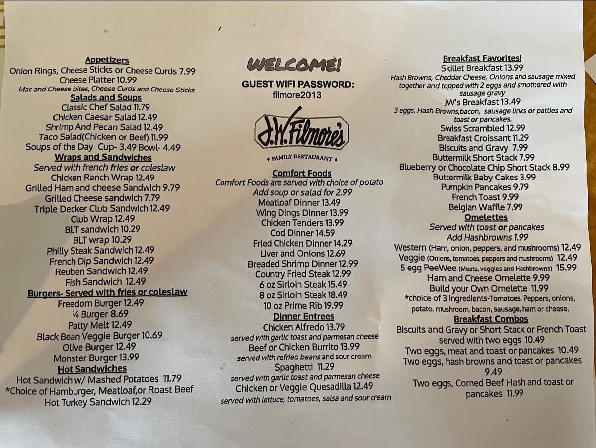 Menu at J W Filmore's Family Restaurant, Petoskey