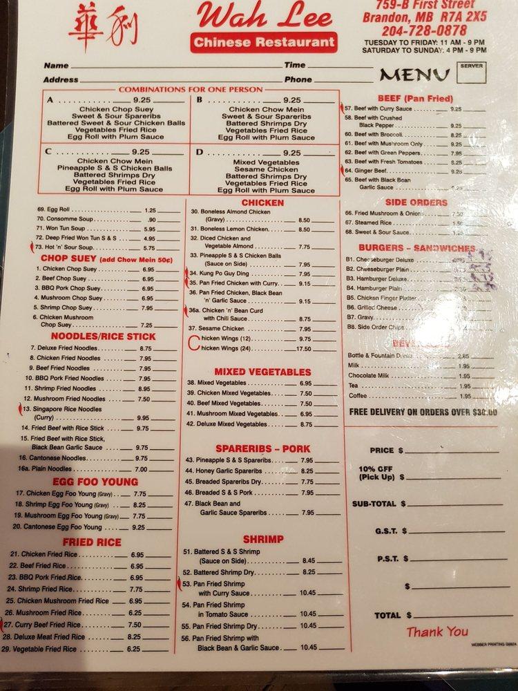 Menu at Wah Lee Chinese Restaurant, Brandon