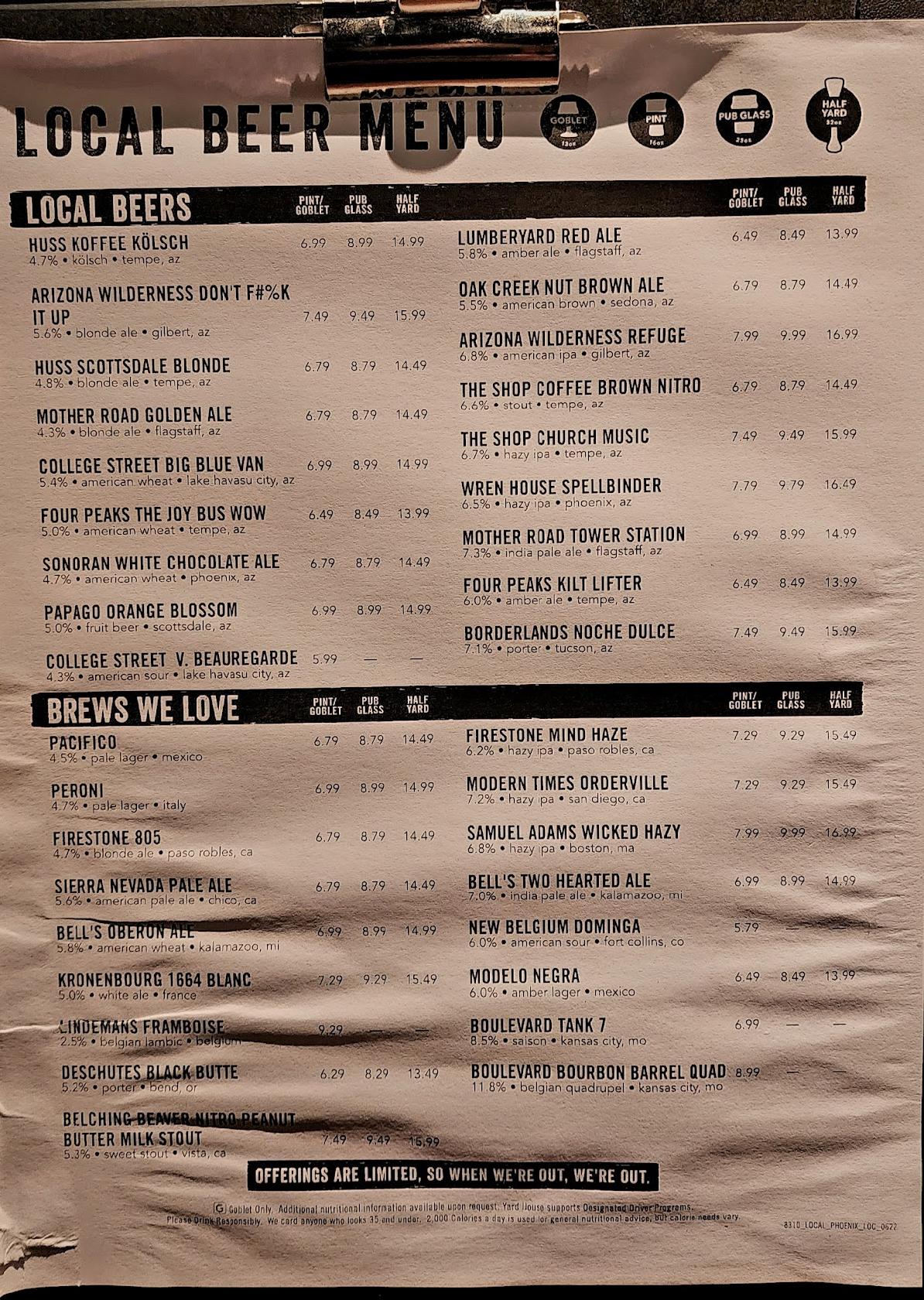 Menu at Yard House pub & bar, Phoenix, N Tatum Blvd
