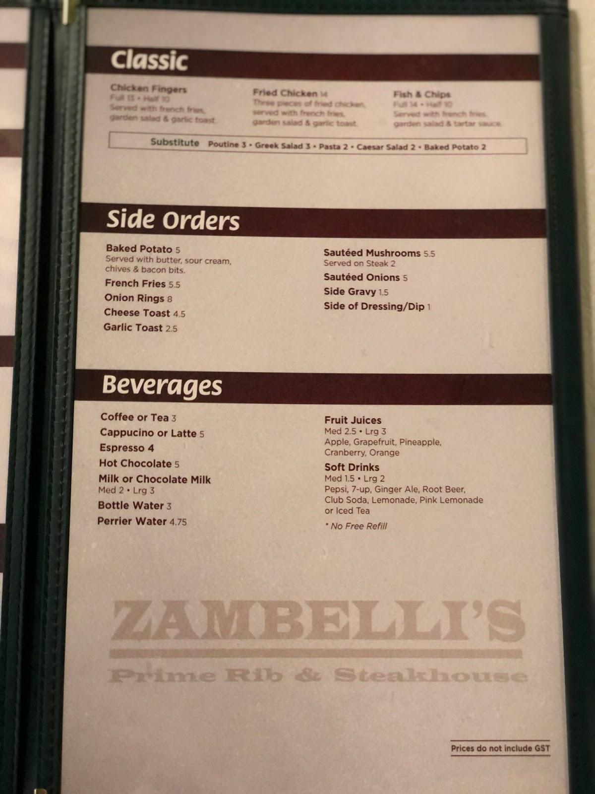 Menu at Zambelli's Edmonton steakhouse, Edmonton