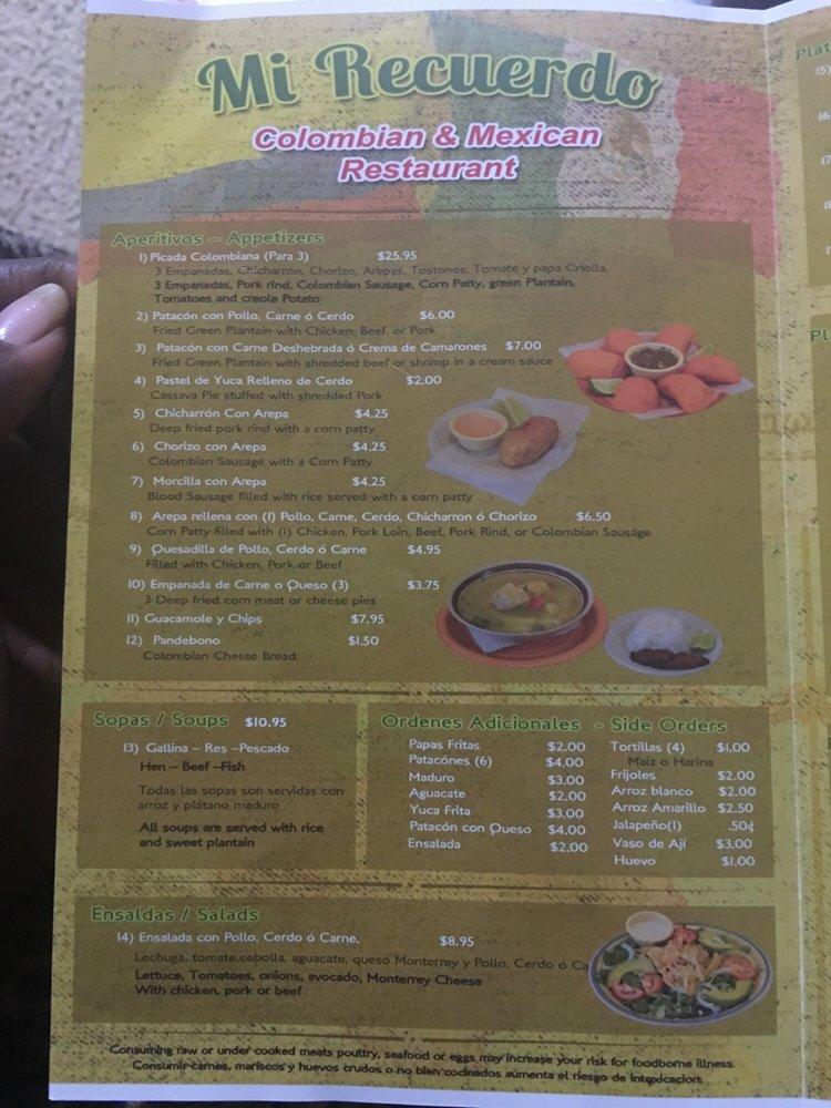 Menu at Mi Recuerdo Colombian & Méxican Restaurant, Houston