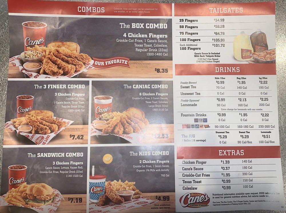 Menu at Raising Cane's fast food, Long Beach