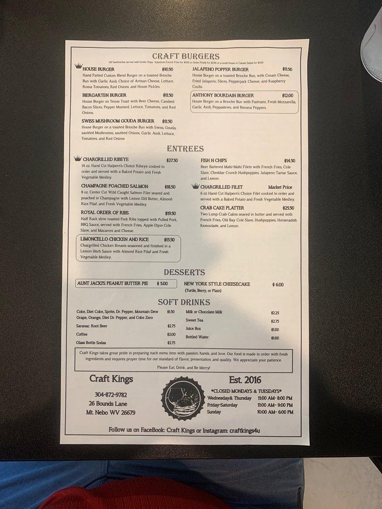 Menu at Craft Kings pub & bar, Mount Nebo
