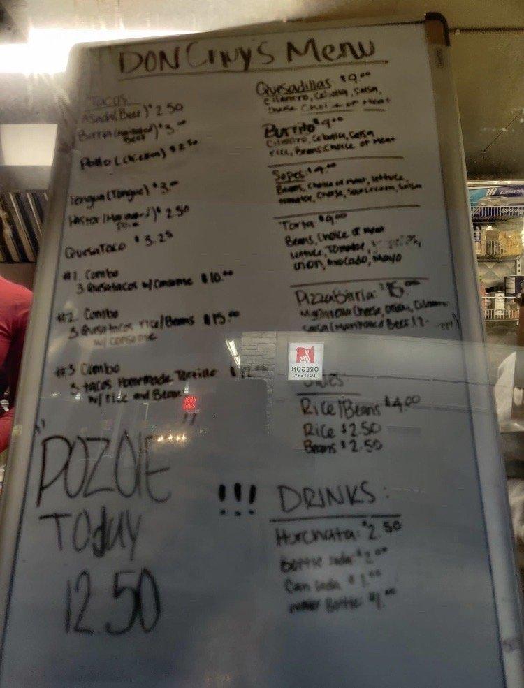 Menu at Don Chuy's Tacos restaurant, Salem