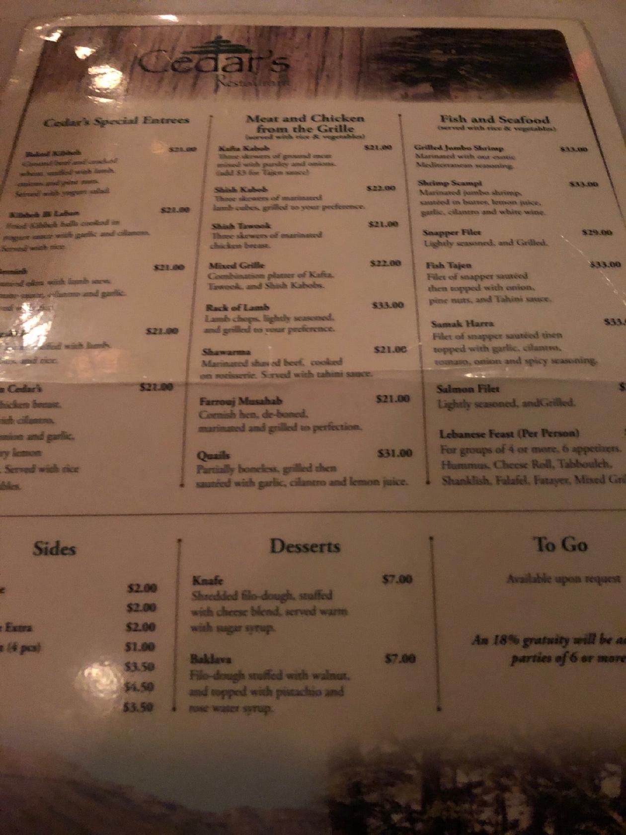 Menu at Cedars Restaurant, Orlando, W Sand Lake Rd