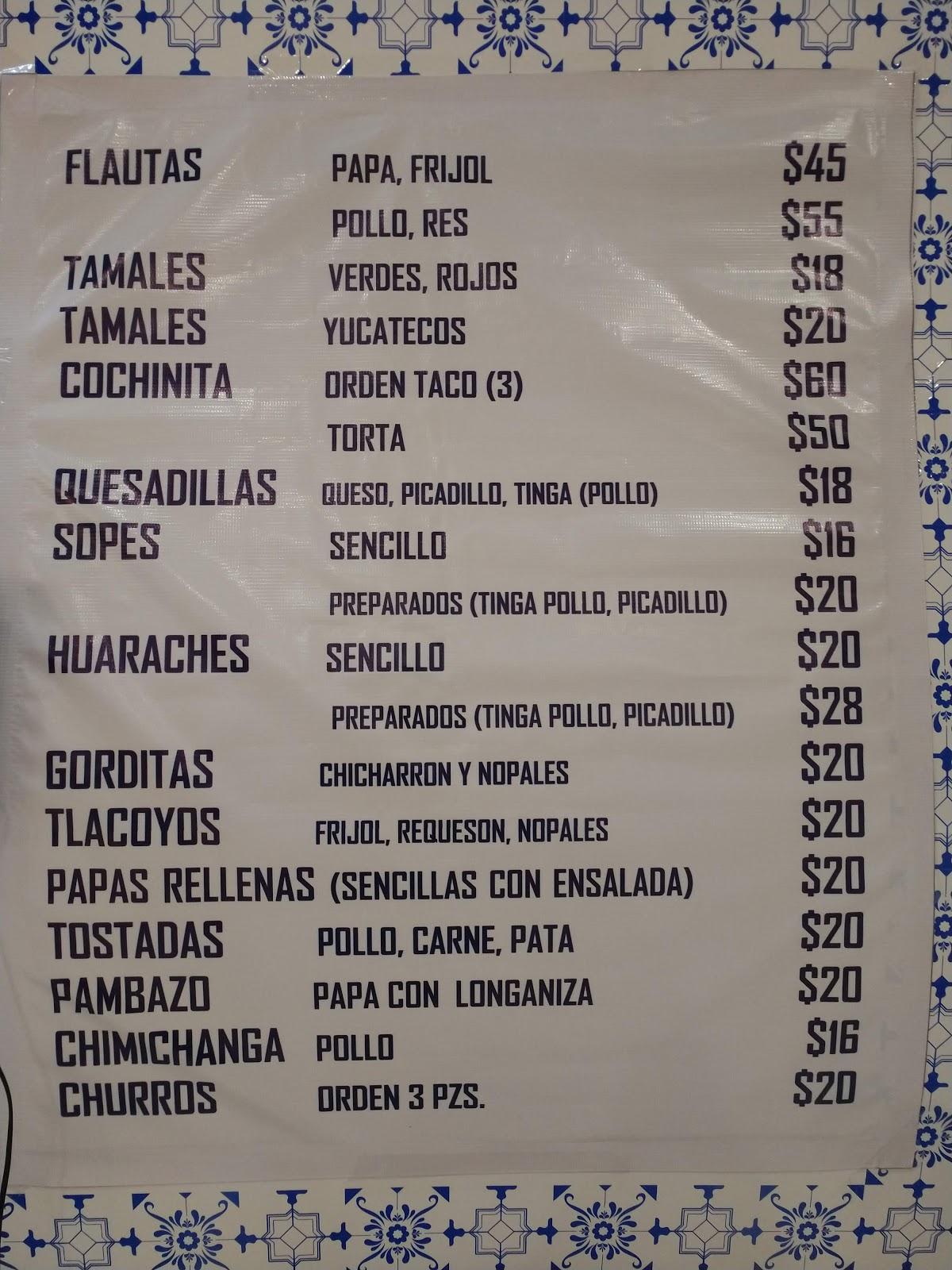 Menu at El tamal y la flauta restaurant, Mexico City