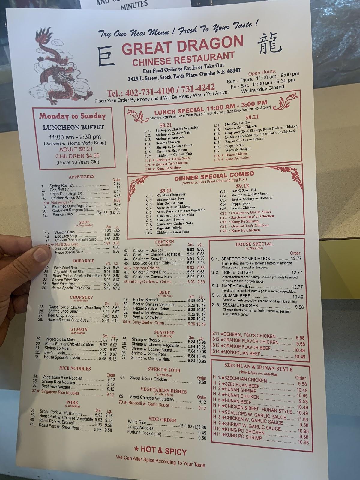 Menu at Great Dragon restaurant, Omaha