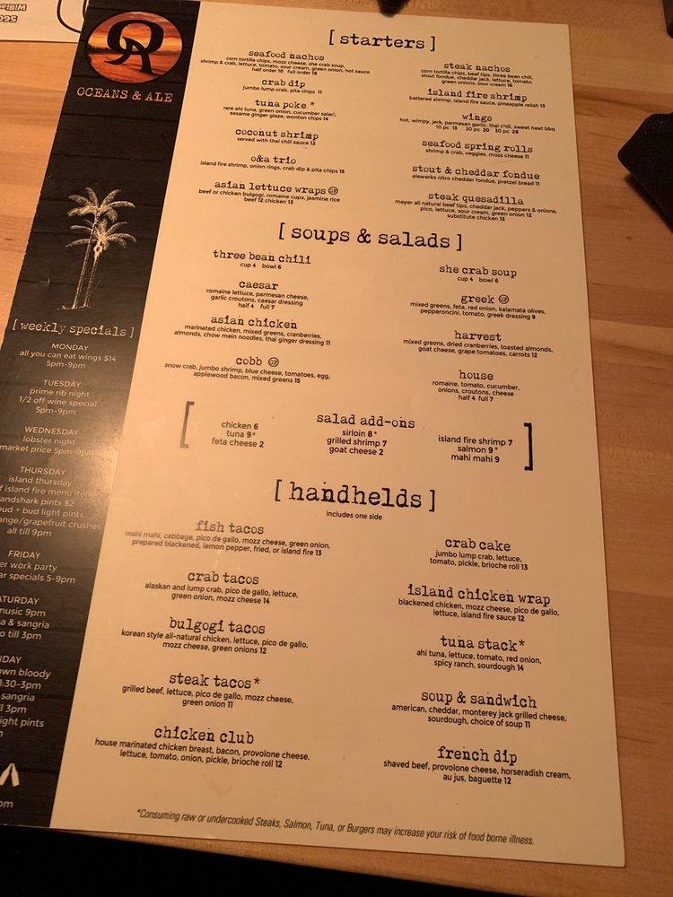 Menu at Oceans & Ale pub & bar, Williamsburg, Richmond Rd