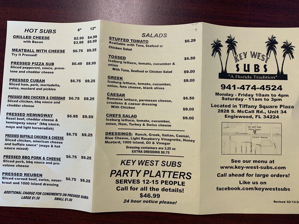 Menu at Key West Subs restaurant, Englewood
