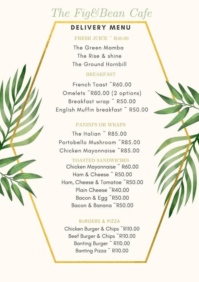 Menu at The Fig and Bean restaurant, Hoedspruit