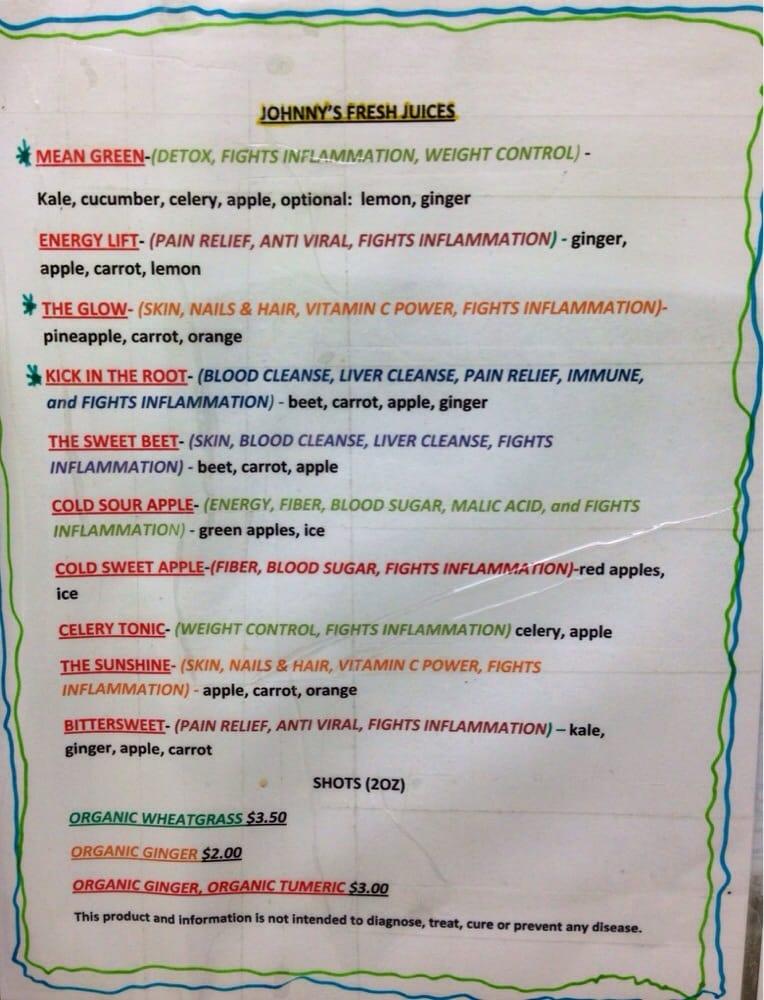 Menu at Johnny's Garden & Juice Bar, Sumter