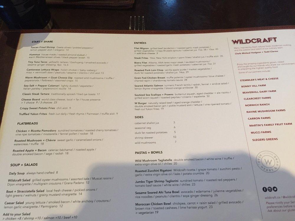 Menu au Wildcraft Grill + Long Bar, Waterloo