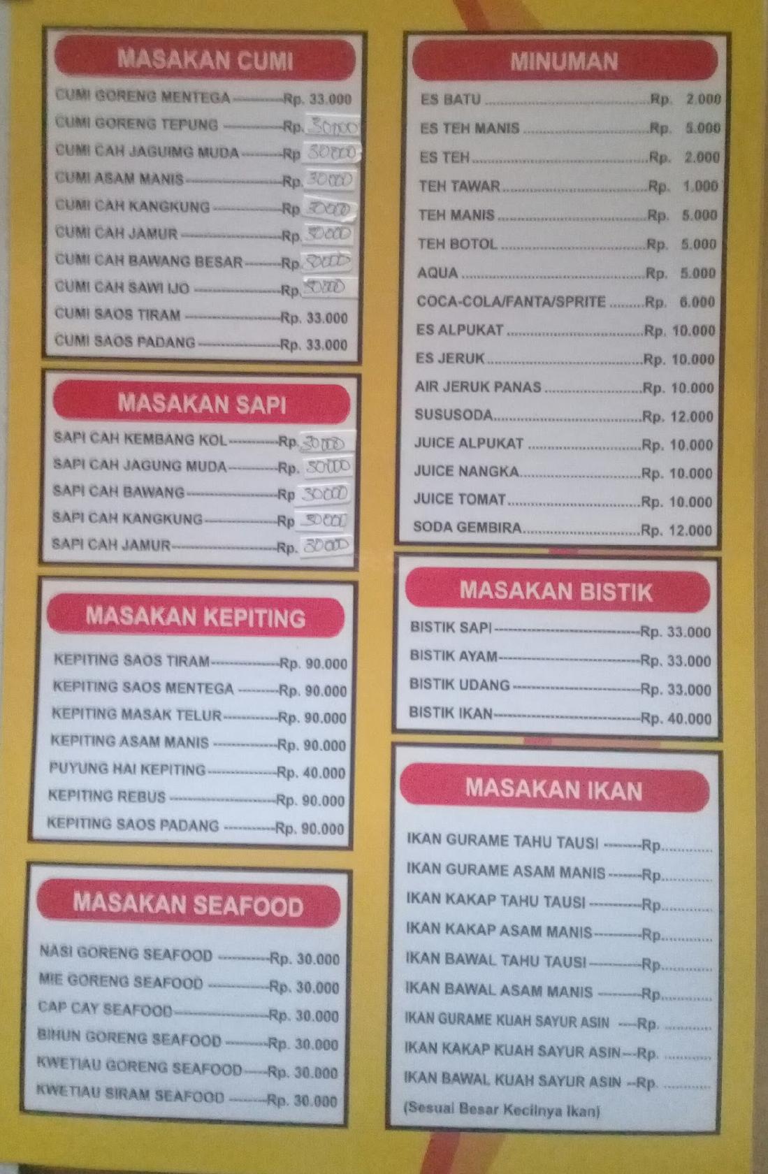 Menu at Restoran Chinese Food 99 restaurant, North Jakarta